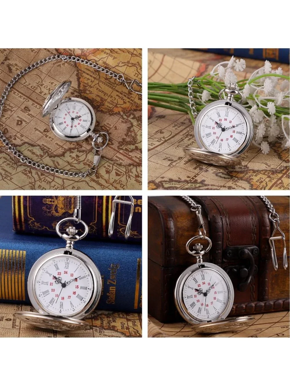Men's Silver Quartz Engraved Wave Pattern Arabic Numerals Chain Pocket Watch